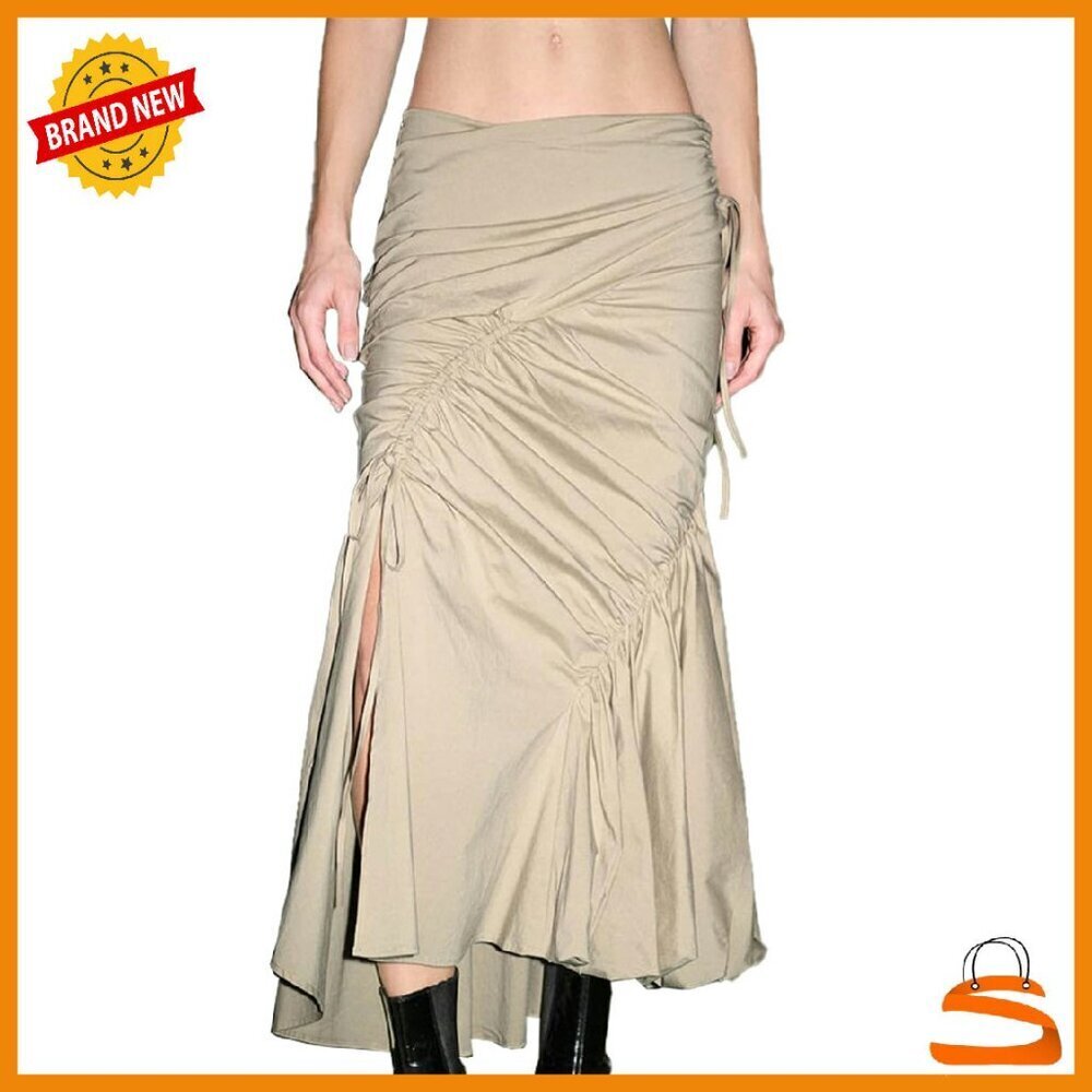Summer Drawstring Ruched Midi Skirt with Slit Asymmetrical Trendy